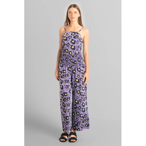 Enorsia Smocked Waist Floral Jumpsuit - Purple - UK 12