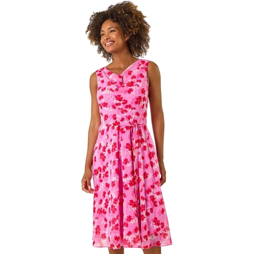 Floral Print Chiffon Cowl Neck Dress - Roman - Floral - Pink - 14