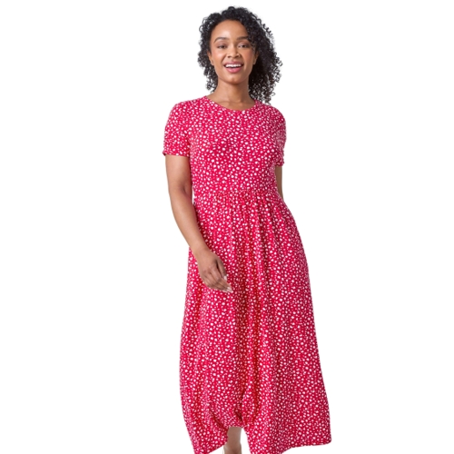 Roman Petite Spot Print Stretch Midi Dress - Red, Polka Dot, Size 14