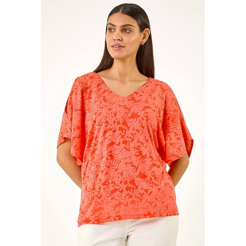 Roman Burnout Print Jersey Stretch Top - Floral - Orange - Size: 12
