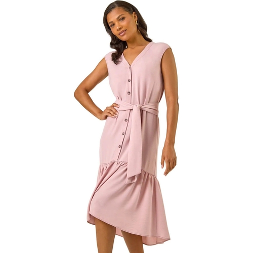 V-Neck Buttoned Tie Waist Midi Dress - Roman - Pink - 12