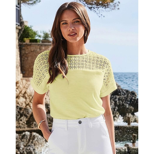 SOSANDAR CROCHET DETAIL TSHIRT - Yellow - Size: 16