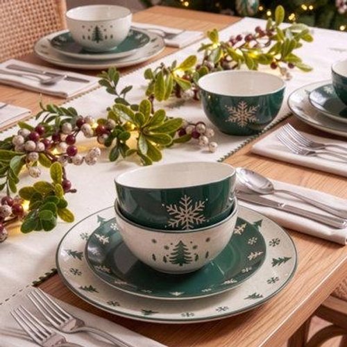Dibor Snowy Forest Christmas Dinner Set - Green