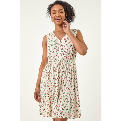 Cherry Tie Waist Dress - Roman - Floral - White - Size: 16