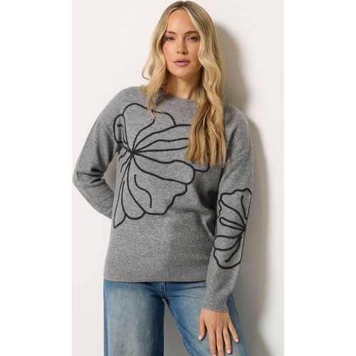 Long Tall Sally Floral Embroidered Jumper - Grey - Crew - Size 14
