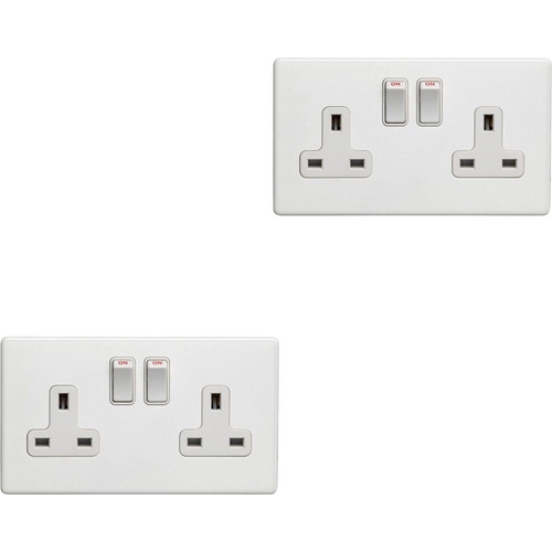 Loops 2 Gang Double DP 13A Switched UK Plug Socket - Screwless Matt White Power - Pack of 2