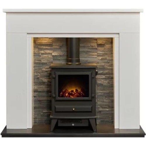 Acantha Rimini Fireplace With Downlights & Hudson Electric Stove In Black
