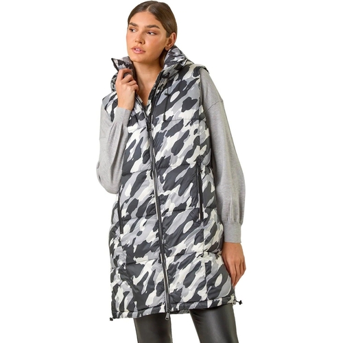 Camo Print Longline Hooded Gilet - Grey - 20