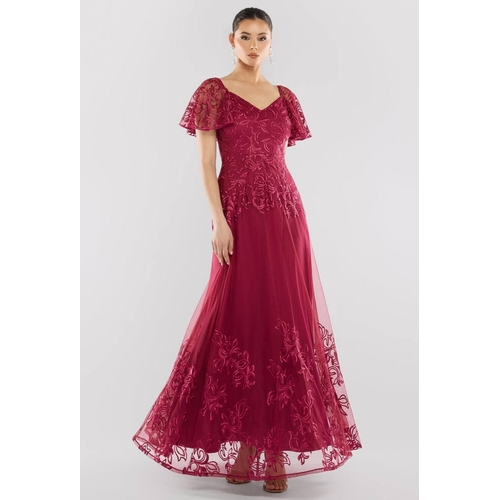 Lace Flutter Sleeve Embroidered Mesh A Line Maxi Dress - Goddiva - Floral - Red - UK 12