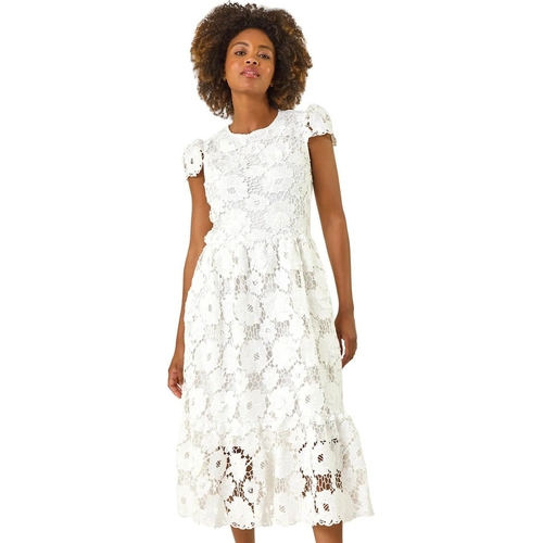 Crochet Floral Lace Midi Dress - Roman - Floral - White - 18