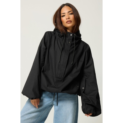 PixieGirl Petite Half Zip Hooded Windbreaker Jacket - Black