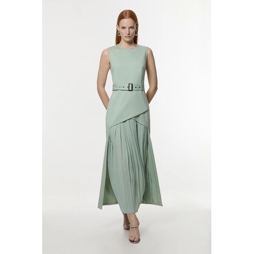 Ponte And Georgette Jersey Pleated Maxi Dress - Sage