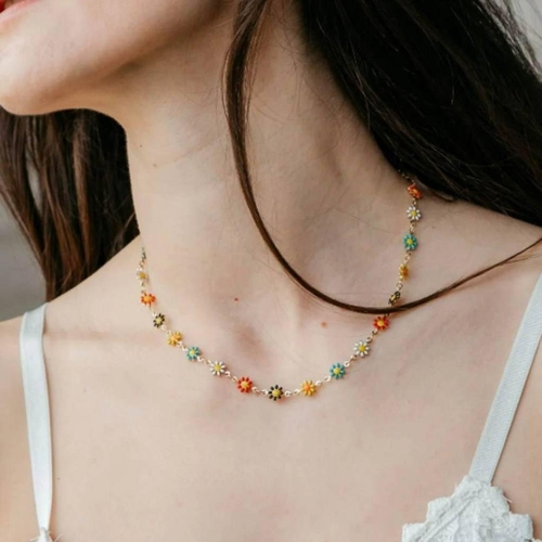 The Colourful Aura Rainbow Daisy Sunflower Charm Choker Necklace - Gold - Floral
