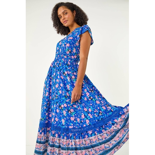 Roman Floral Border Print Midi Dress - Blue - Size: 10