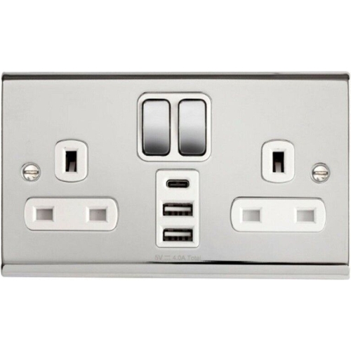 Deta Slimline Décor Switch Socket 2 Gang DP - Polished Chrome/White