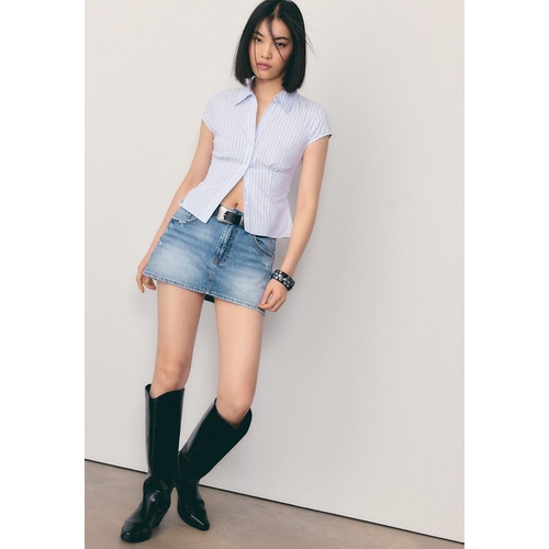 Stradivarius Short sleeve shirt with underbust seam - V-Neck - Striped - Blue - M