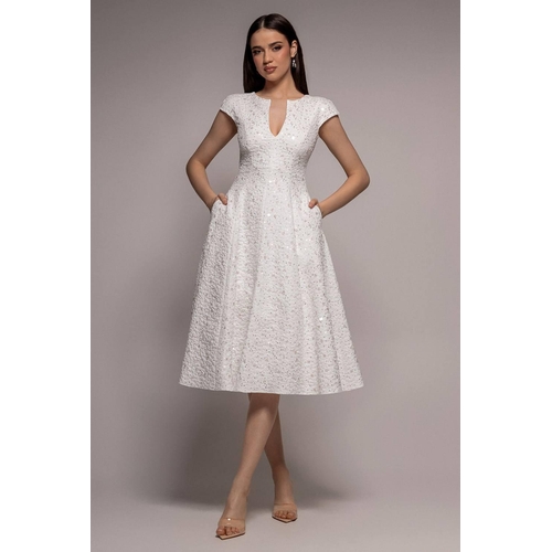 Goddiva Bead Embellished Jacquard A Line Midi Dress - White - 18