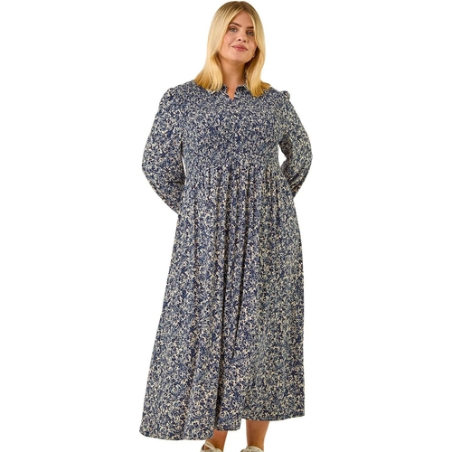 Curve Abstract Print Shirred Midi Dress - Floral - 22