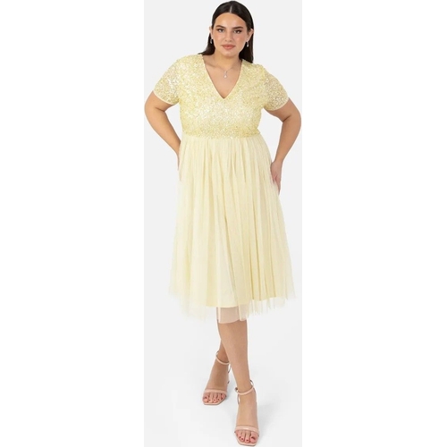 Maya Deluxe Short Sleeve V Neck Embellished Midi Dress - Yellow - 10