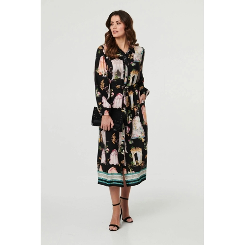 Izabel London Abstract Long Sleeve Shirt Midi Dress - Black - Size 12