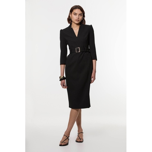 Structured Crepe Belted Forever Midi Dress - Black - Size 16