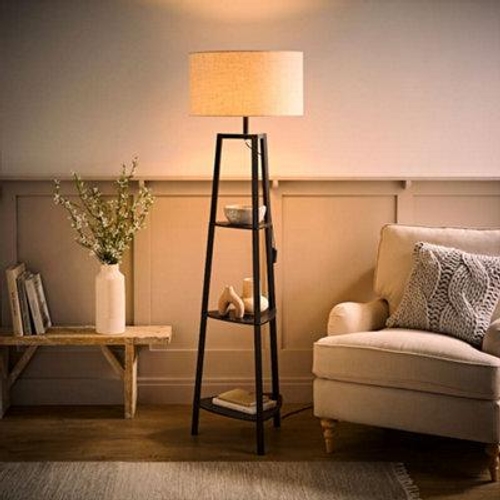 Hiru 3 Tier Shelf Floor Lamp with Drum Shade - Black
