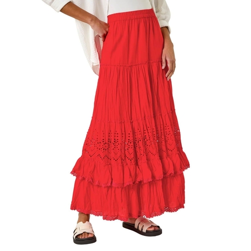 Broderie Tiered Maxi Skirt - Roman - Red - 12