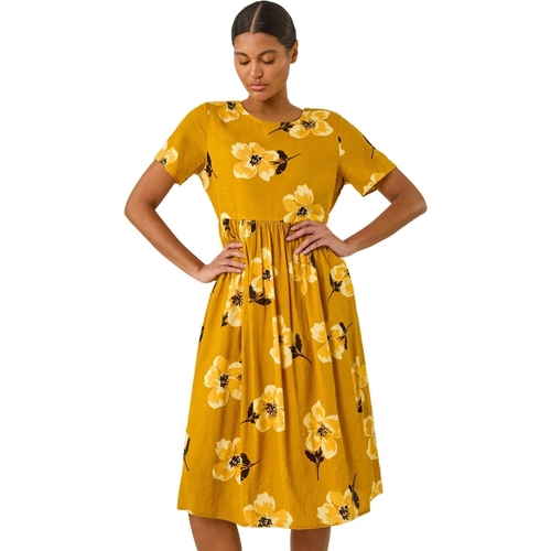Floral Print Smock Midi Dress - Yellow - Floral - 10