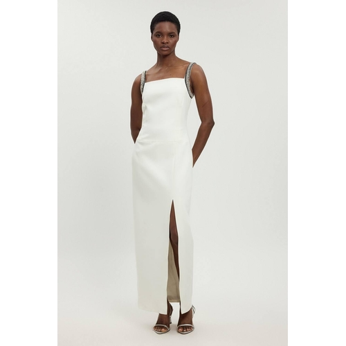 Karen Millen Compact Stretch Diamante Trim Detail Column Dress - White - Size 14