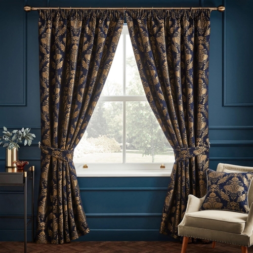 Paoletti Shiraz Floral Jacquard Pencil Pleat Curtains - Navy