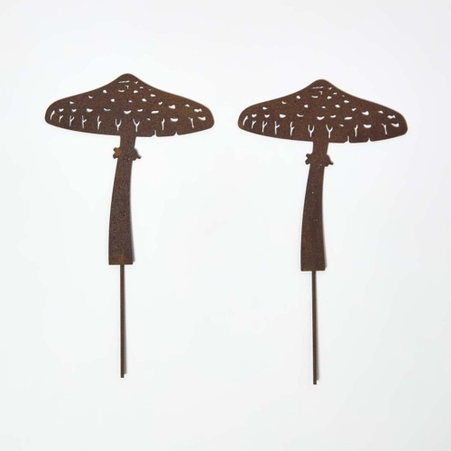 Homescapes Steel Parasol Mushroom Garden Stake Decorations, Set Of 2 - Brown - Polka Dot