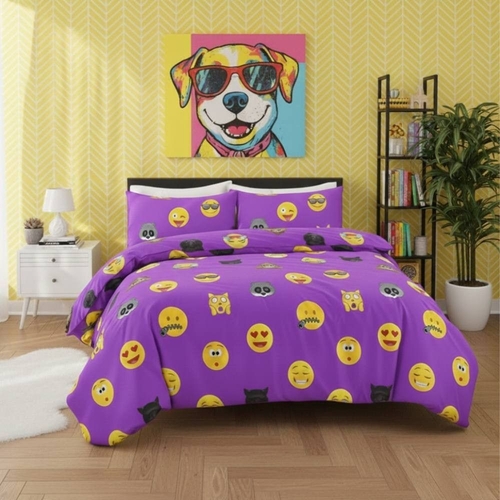 Emoji Print Duvet Cover Set Cool Playful Bedding with Pillowcases - Purple