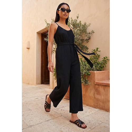 Textured Cropped Jumpsuit - Black - Size: 12