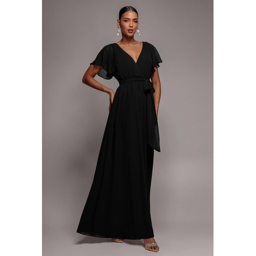 Goddiva Chiffon Flutter Sleeve Wrap Maxi Dress - Black - Size: 12