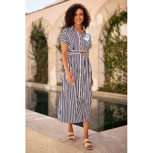 Yumi Navy Stripe Print Relaxed Midi Shirt Dress With Belt - Size 16 UK