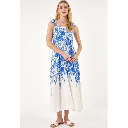 Floral Print Strap Tie Midi Dress - Blue - Size: 16