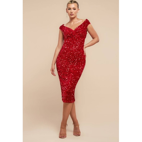 Multi Sequin & Velvet Bardot Midi Dress - Red - Size 16