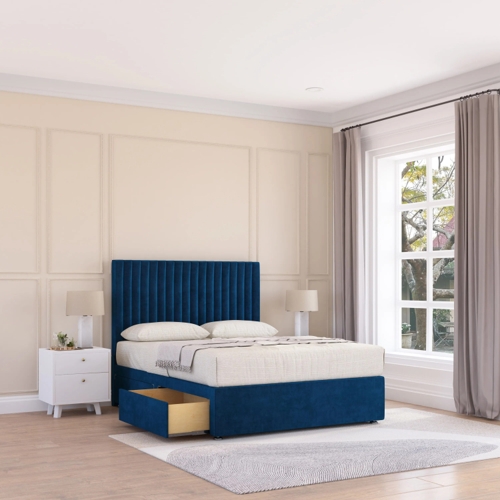 Sloomy Manhattan Divan Bed Base 2 Drawers & 54" Floor Standing Headboard - Blue - King