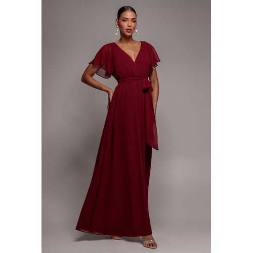 Sustainable Chiffon Flutter Sleeve Wrap Maxi Dress - Red - 18