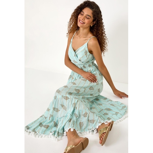 Metallic Leaf Print Shirred Maxi Dress - Floral - Blue - Size 10