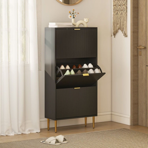 HOMCOM Slim Shoe Storage Cabinet - 3 Flip Drawers - Black