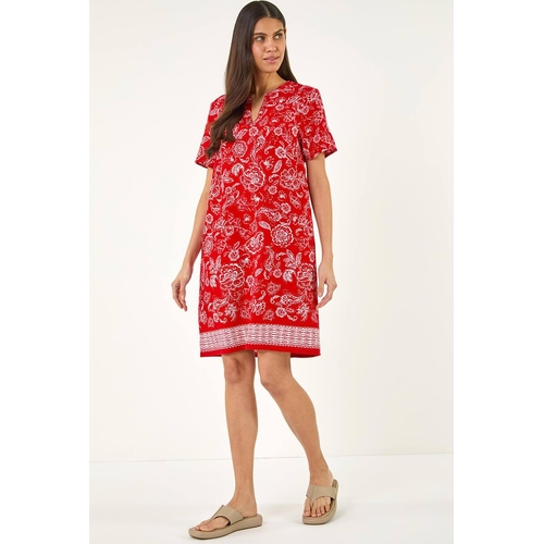 Roman Paisley Print Linen Shift Dress - Red - Size: 14