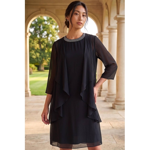 2-in-1 Neck Trim Shift Dress - Black - 10