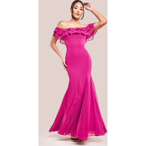 Goddiva Frilled Off The Shoulder Maxi Dress - Magenta - Size: 8