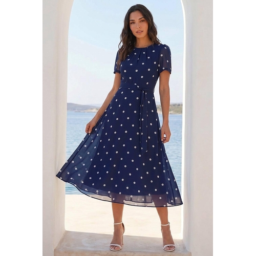 Polka Dot Fit & Flare Dress - Blue - 14
