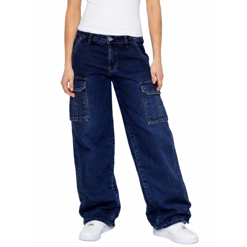 Enzo Women's Wide Leg Cargo Baggy Jeans - Dark Blue - Size 16