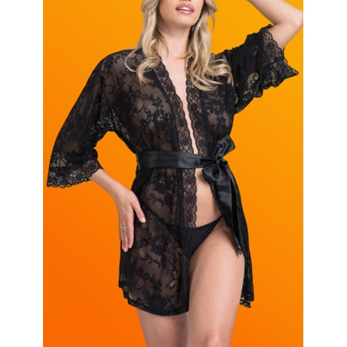Lovehoney - Lace Robe - Black - Floral - Size 8