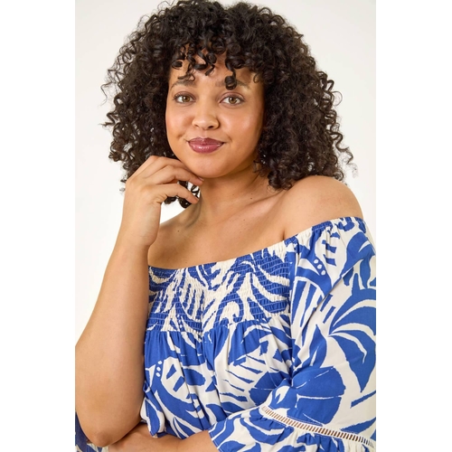 Printed Bardot Top - Roman - Blue - Floral - Regular Fit - V-Neck - Size 22