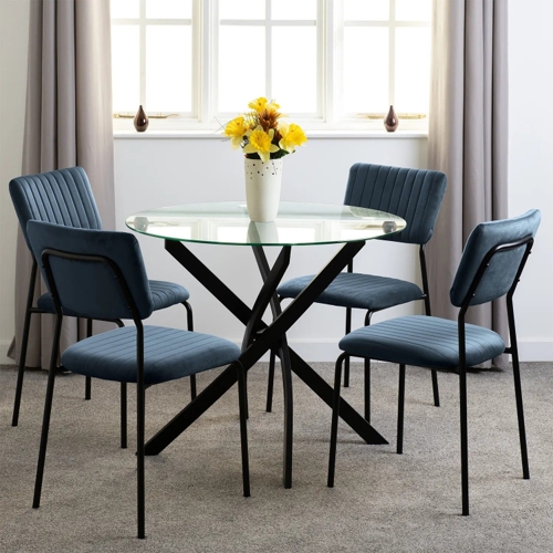 Seconique Sheldon Round Glass Top Dining Set - Blue Chairs