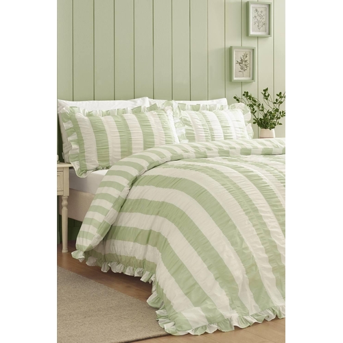 Catherine Lansfield Seersucker Frill Stripe Duvet Cover Set - Green